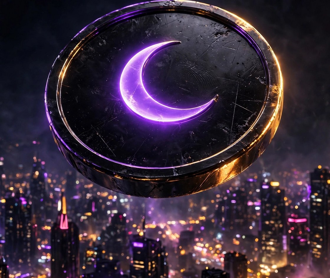 After Dark coin glowing above a neon city at night